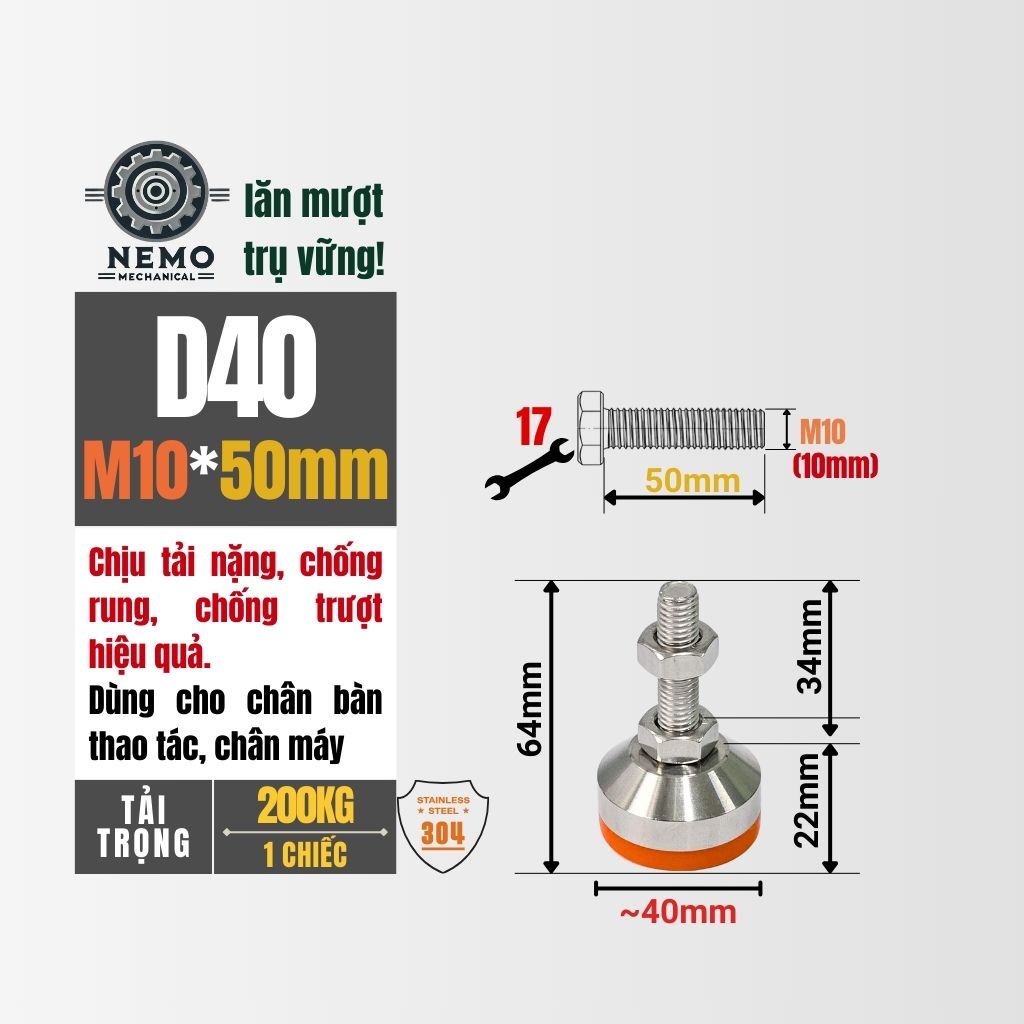 Chân Tăng Chỉnh Inox 304 Ren M10 – Chống Gỉ Tuyệt Đối, Đế Bát Dày Chịu Tải Nặng